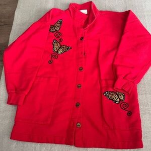 [S]Qualicum Red Cotton Shirt Jacket with Embellished Butterfly Made in Canada